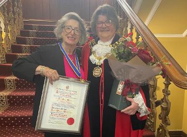 Image of Mrs Oliver-Wolff BEM with outgoing Mayor of Eastbourne, Councillor Candy Vaughan, following last night’s ceremony.